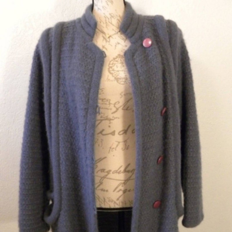 VTG Vintage LeRoy Knit Coat Cardigan Sweater Gray Mohair Wool Womens Large Button Up Pockets