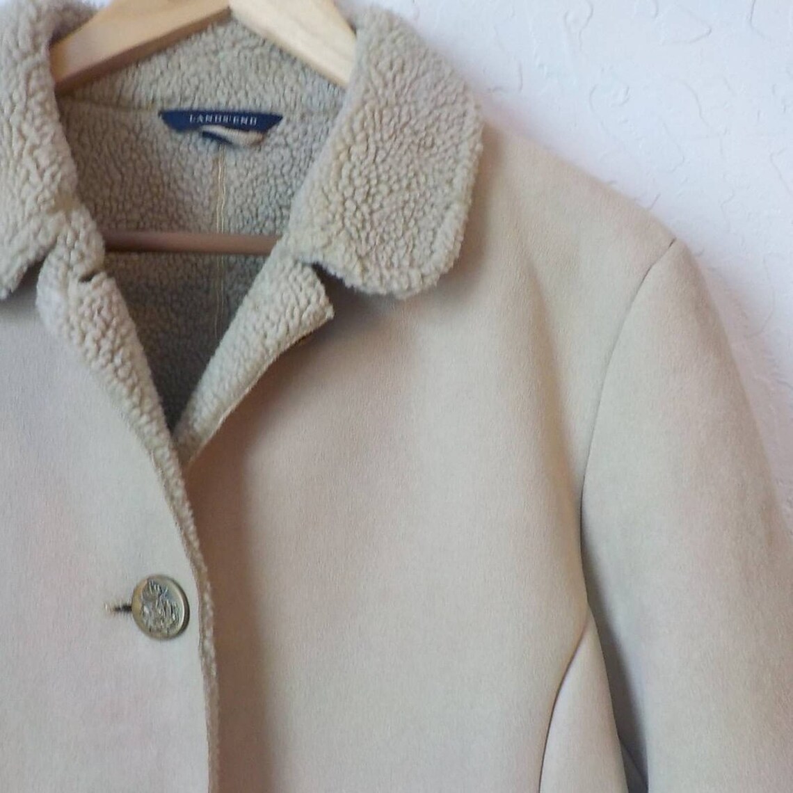Lands End Warm Jacket Coat Beige Faux Suede Sherpa Women Etsy