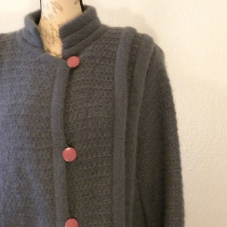 VTG Vintage LeRoy Knit Coat Cardigan Sweater Gray Mohair Wool Womens Large Button Up Pockets