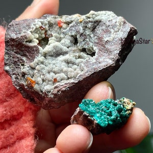 May include: Two mineral specimens are displayed. The larger piece is a reddish-brown rock with a cavity filled with small, light-colored crystals and orange accents. A smaller piece of rock displays vibrant, teal-colored crystals.