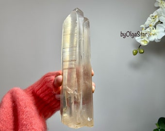 RARE Gold Golden Lemurian TWIN Quartz Point Wand | Siamese twins PHANTOM Inner Crystals | High Frequency Vibrant Energy Metaphysical Crystal