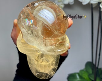 RAREST ONE OFF Gemstone Quality Amber Like Golden Citrine Quartz Crystal Skull | Primordial Color Rays Multiverse Embodiment | Skull Carving