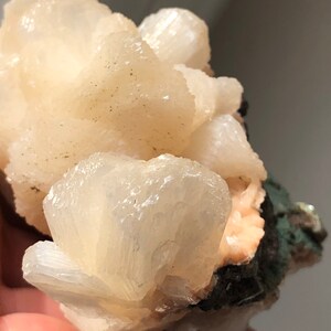 以下が含まれることがあります： オフホワイトの結晶鉱物群のクローズアップ。結晶は層状で質感があり、一部にはわずかに桃色の色合いが見られます。暗い緑色と黒色の鉱物堆積物が基部に確認できます。