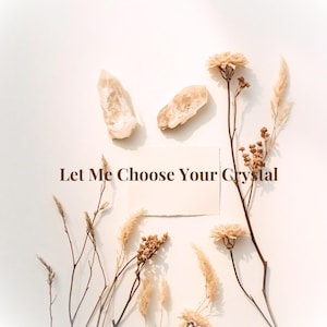 May include: Two translucent, pale beige crystals are positioned above a rectangular card featuring the dark brown text Let Me Choose Your Crystal, surrounded by dried beige flowers and tall, slender grasses on a light cream background.