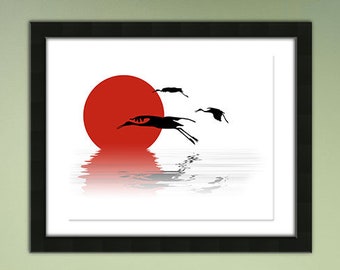 Cranes, Sunset, Cranes in the Sky, Japanese Cranes, Sunset Cranes, Black White Red, Nature, Water Birds, Cranes in Flight, Red