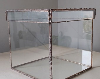 Stained glass terrarium container with copper patina