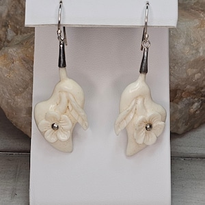 Carved Bone and 925 silver dangle earrings