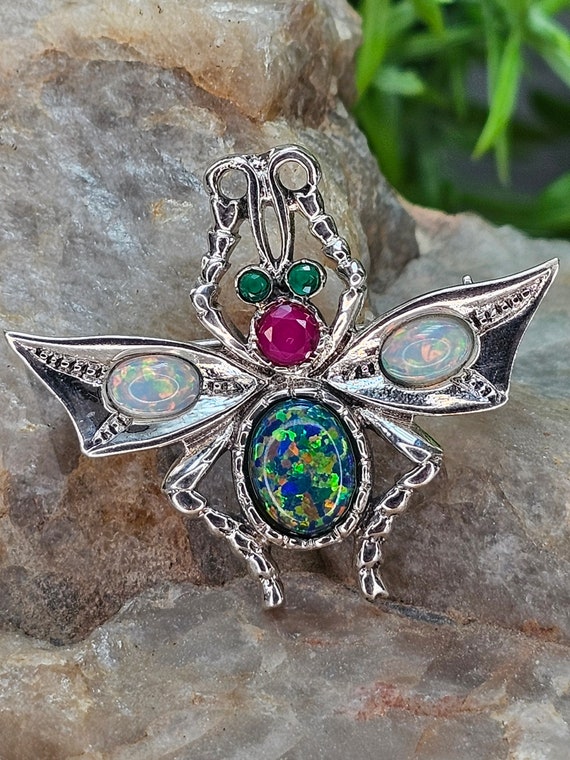Opal, Ruby, Emerald and 925 Silver Fly Brooch