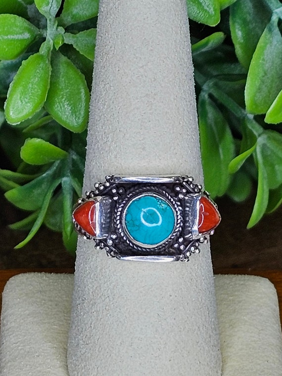 Bague Cocktail En Argent 925 Turquoise Et Corail - Créateur Italien, Taille Réglable, Occasion