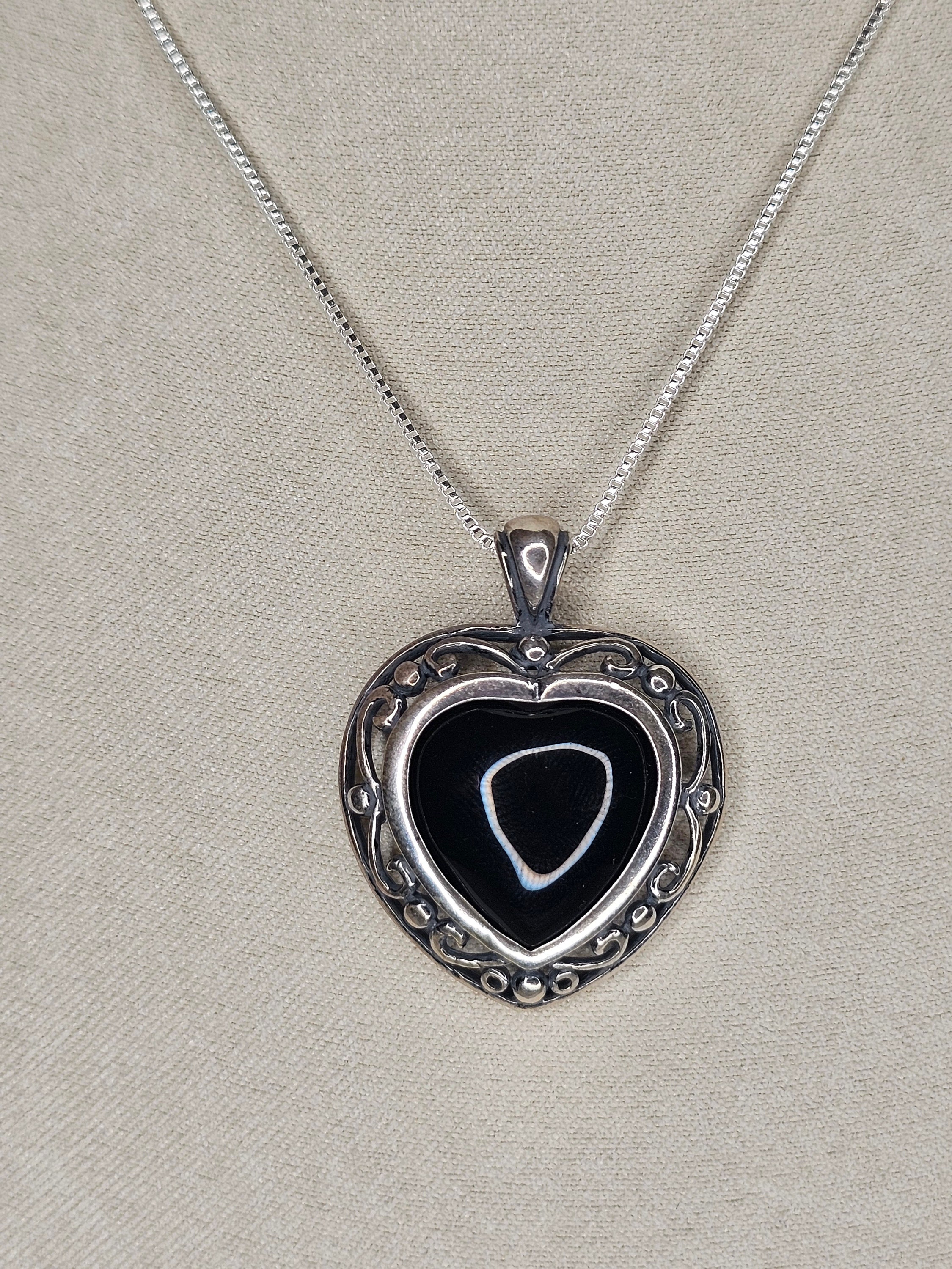Black Onyx and 925 Silver Heart Pendant Necklace