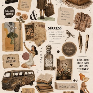Puede incluir: Un collage con ilustraciones de estilo vintage que incluye una cámara, una pila de libros, un niño con una bolsa, una figura pin-up, una furgoneta, un oso de peluche, una botella de vidrio, un hongo, una pera y varios textos como Collect Beautiful Moments.