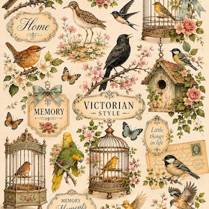 Puede incluir: Un collage de estilo vintage con ilustraciones de aves, jaulas, mariposas y elementos florales. El diseño incluye elementos de texto como "Cottage", "Home", "Victorian Style", "Memory" y "Cherish the simple moments". La paleta de colores es suave y apagada.