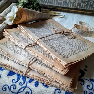 May include: Stacks of aged paper pages tied with twine, featuring printed text. Rolled paper scrolls and a paper cone with white flowers are also visible. The paper has a vintage, antique aesthetic.