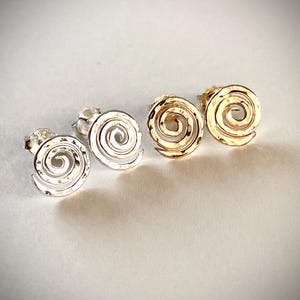 Spiralis Spiral Stud Earrings: Handmade Recycled Sterling Silver, 14ct Gold Fill, Cycle of Life