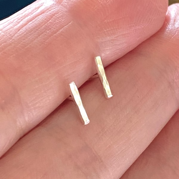 Hammered Sterling Silver T Bar Studs: Handmade Minimalist Earrings