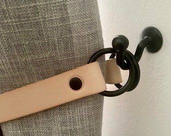 Natural Leather Curtain Tie Backs Fixings , Leather Curtain Ties, Leather Tieback Scandi Hardware Curtain Tie 3/4&quot; wide