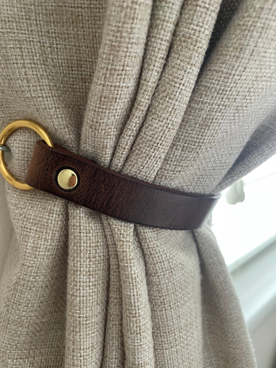 Antique Brown Leather Curtain Tie Back Single Fixings , Leather Curtain ...
