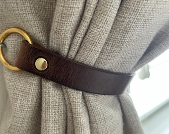 Antique Brown Leather Curtain Tie Back Single Fixings , Leather Curtain Ties, Leather Tieback Holder Curtain Tie 3/4" wide