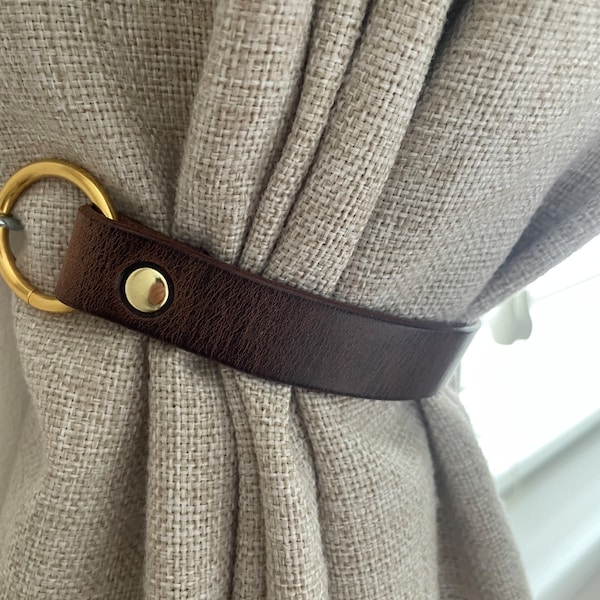 Antique Brown Leather Curtain Tie Back Single Fixings , Leather Curtain Ties, Leather Tieback Holder Curtain Tie 3/4" wide