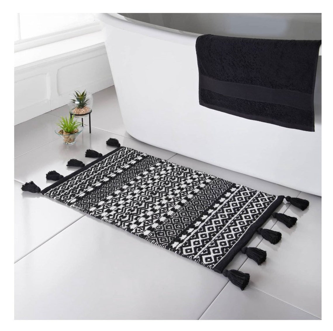 Scandi Jacquard Bath Mat with Tassels black and white bathroom Etsy