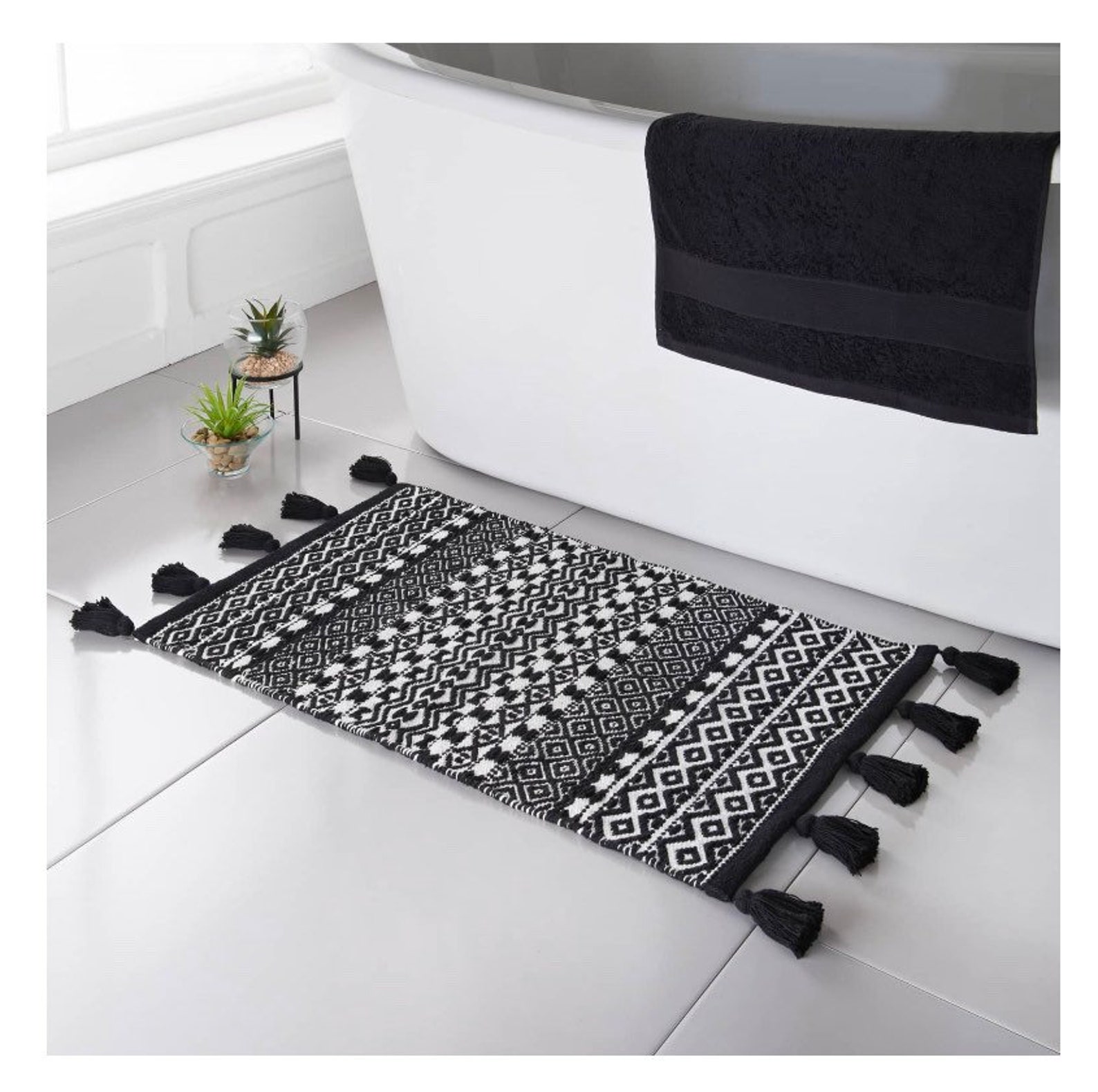 Scandi Jacquard Bath Mat with Tassels black and white bathroom Etsy