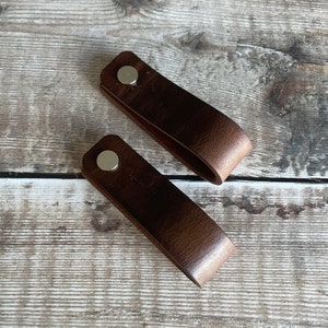Antique Brown Leather drawer handles Draw Cabinet pulls Leather knob Loop Flat Stubby pulls hooks
