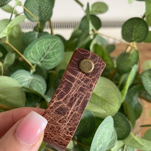 May include: A brown leather strap with a textured surface and a brass-colored button. The strap is rectangular with rounded edges. The background features green leaves.