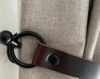 Brown Leather Curtain Tie Backs Fixings , Leather Curtain Ties, Leather Tieback Scandi Hardware Curtain Tie 3/4&quot; wide