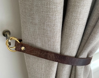 Handmade Antique Brown Leather Curtain Tie Back 3/4 inch wide choice of fixing