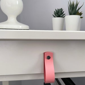 May include: A close-up of a white drawer with a pink leather pull. The pull is attached with a silver rivet. Two small potted succulents and a white lamp are visible in the background.