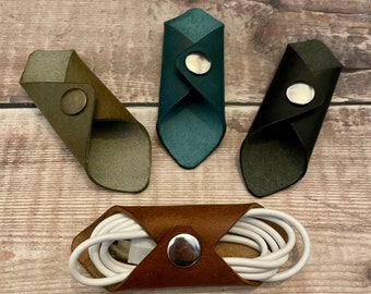 Leather Cable Organizer: Veg Tan Cord Ties with Stud Closure