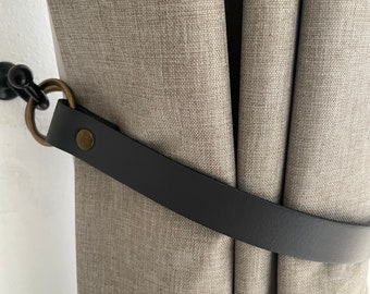 Grey Leather Curtain Tie Backs Fixings , Leather Curtain Ties, Leather Tieback Scandi Hardware Curtain Tie 3/4&quot; wide