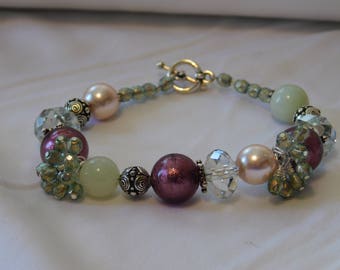 Purple Pink Green Swarovski Pearl & Crystal Bracelet