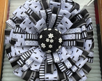 Black and White Bling Christmas Snowflake Tree Ribbon Wreath