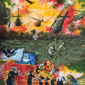 May include: An acrylic painting depicting a war scene with helicopters, soldiers, and flags. The artwork features a vibrant colour palette of red, yellow, and green, with a memorial wall displaying names. Soldiers are marching in the foreground.