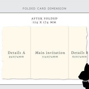 May include: A diagram showing the dimensions of a folded card. The card is divided into three sections: Details A (94 x 174 mm), Main invitation (124 x 174 mm), and Details B (62 x 174 mm). The overall folded card size is 124 x 174 mm.