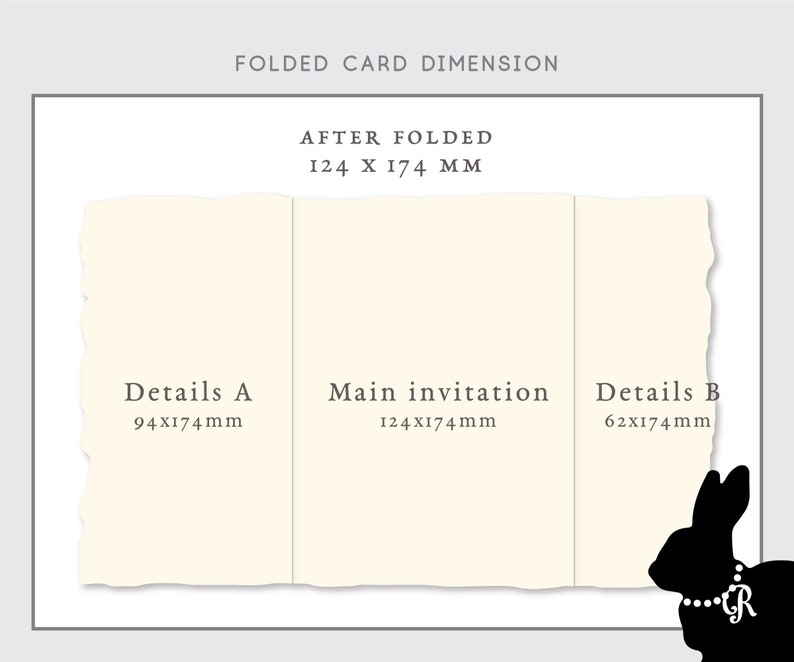 May include: A diagram showing the dimensions of a folded card. The card is divided into three sections: Details A (94 x 174 mm), Main invitation (124 x 174 mm), and Details B (62 x 174 mm). The overall folded card size is 124 x 174 mm.
