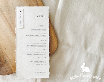 Handmade Wedding Menu with hand torn edge | Personalised with guest names attached with brads [M30015]