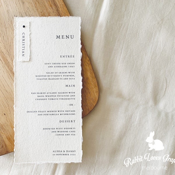 Handmade Wedding Menu with hand torn edge | Personalised with guest names attached with brads [M30015]