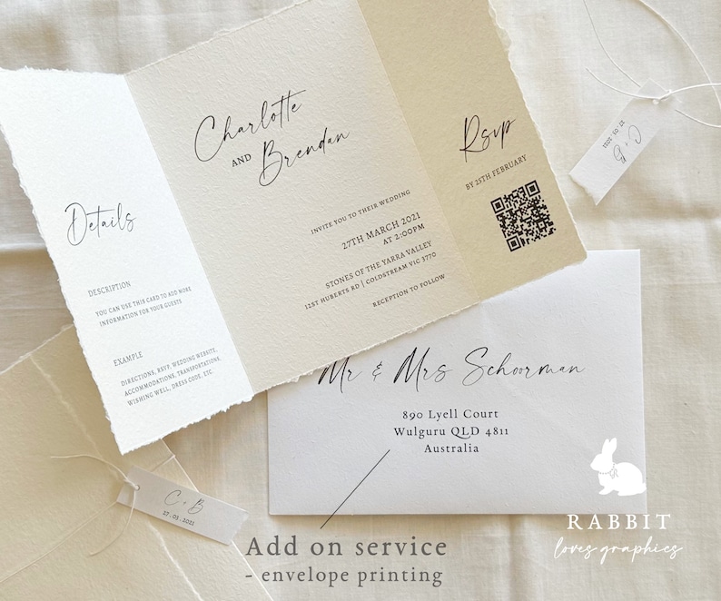 May include: A wedding invitation with a rustic, cream-colored paper texture. The invitation features the names "Charlotte and Brenden" in elegant cursive script. The text "Invite you to their wedding" is printed in black, along with the date, time, and location of the wedding. The invitation also includes a QR code for RSVP. The bottom of the invitation features the text "Mr. & Mrs. Scharmen" in cursive script, followed by their address and the text "RABBIT loves graphics".