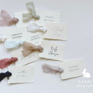 Handmade Wedding Place Card with Silk Ribbon | Hand Torn edge or Straight Edge [M20004]