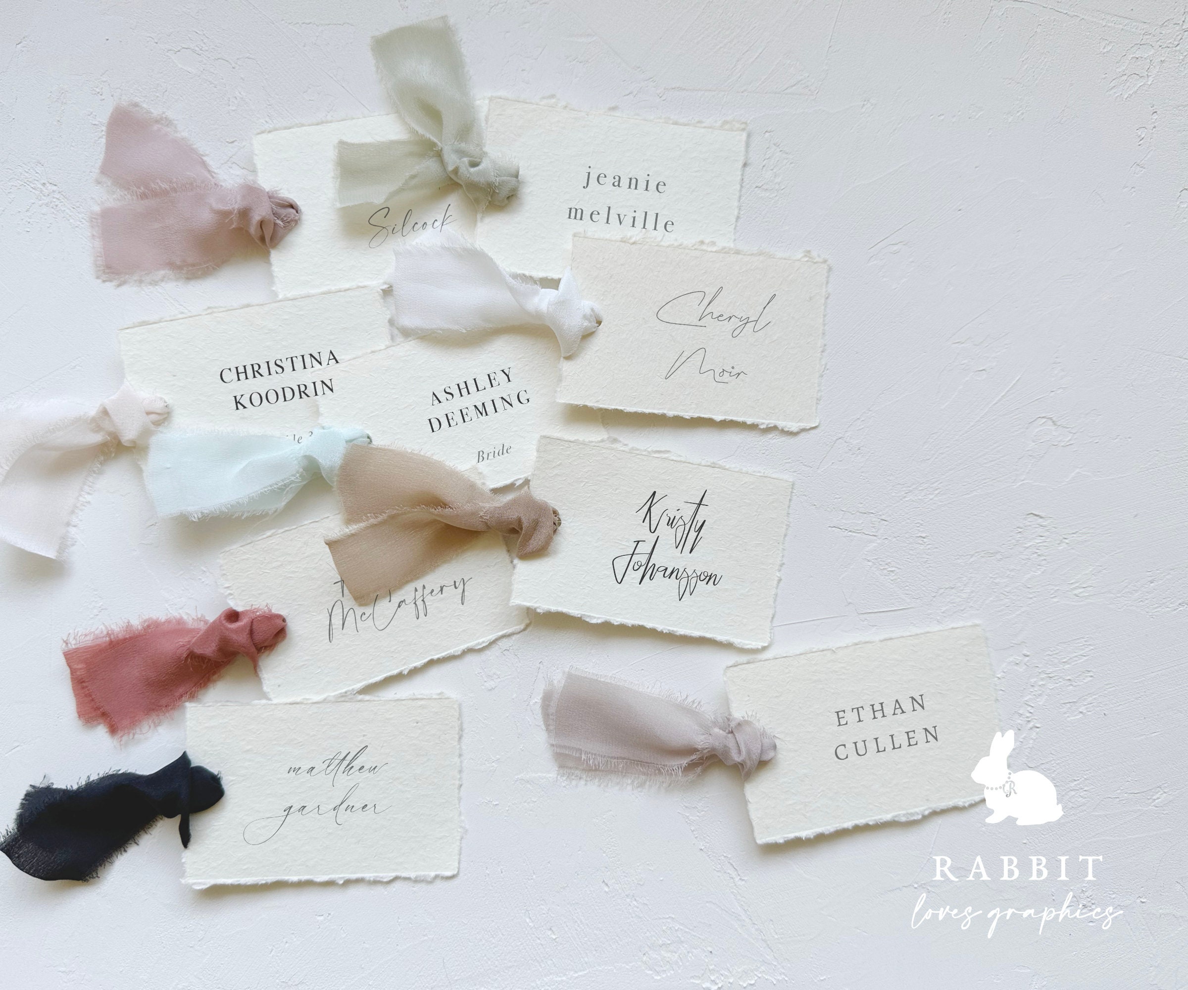 Hand Torn Place Cards and Chiffon Ribbon, Deckle Edge Place Cards With  Ribbon, Hand Torn Edges, Personalized Name Cards, Wedding Signage 