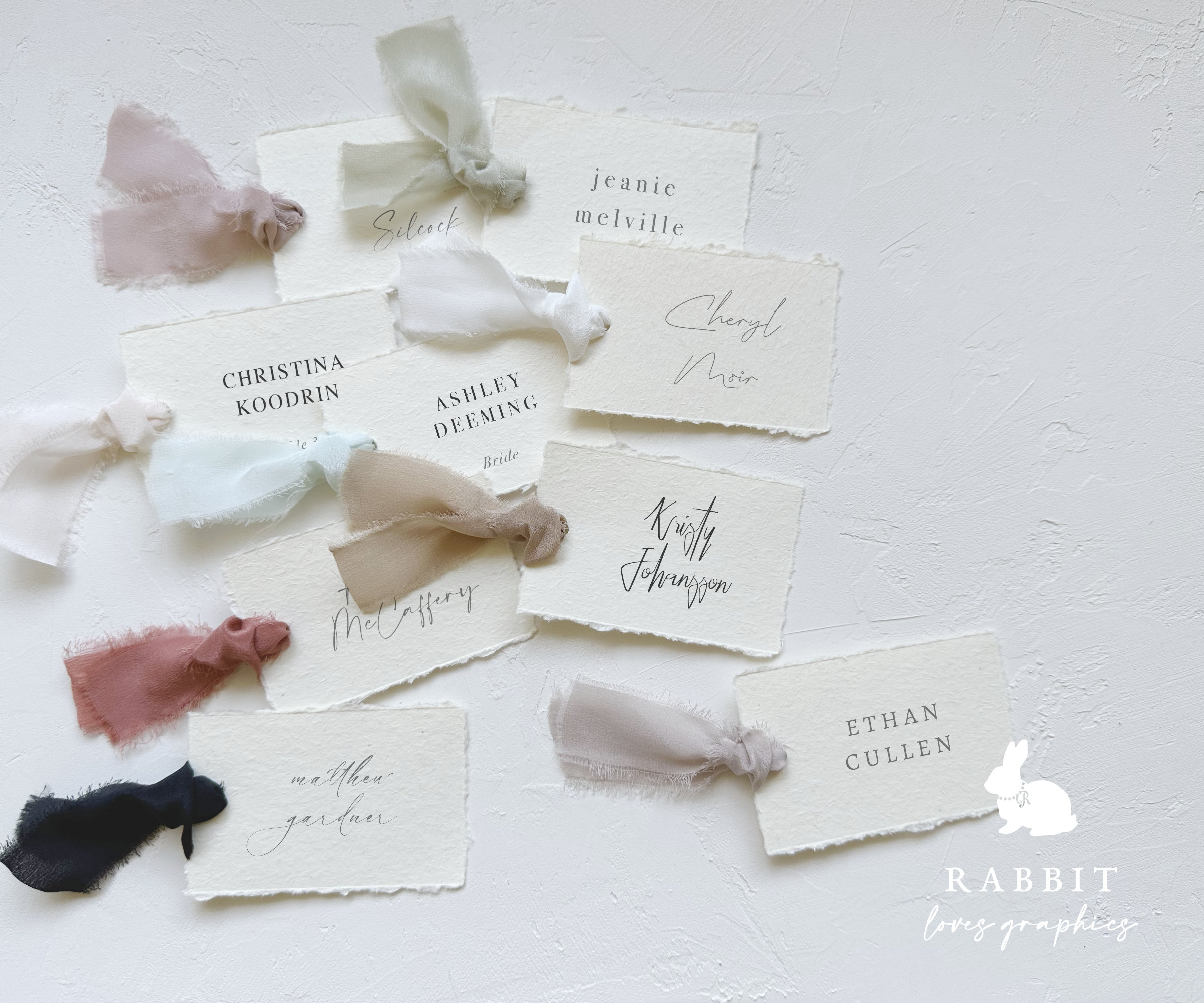 Wedding Place Card with Silk Ribbon | Hand Torn edge or Straight Edge [M20004]