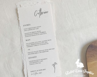 Handmade Wedding Menu with hand torn edge | Personalised with guest names [M30004]