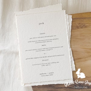 Handmade Wedding Menu with hand torn edge | Personalised with guest names [M30012]