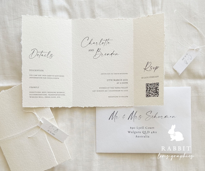 May include: A wedding invitation suite with a rustic, minimalist design. The invitation features the names "Charlotte and Brenden" in elegant script. The RSVP card includes a QR code for guests to respond. The details card provides space for additional information.