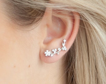 Silver Climbers, Flower Ear Crawlers, Floral Ear Pins, Silver Climbers, Cubic Zirconia Climbers, Wedding Earrings