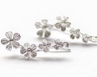 Flower Climbers, Silver Ear Crawlers, Floral Ear Pins, Dainty Silver Climbers