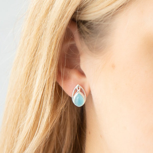 Gemstone Earrings, Aqua Chalcedony, Blue Stone Stud Earrings, Blue Semi-Precious stone Earrings, March Birthstone Earrings