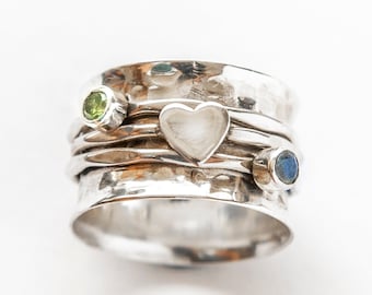 Silver Spinner ring, Heart Spinner Ring, Semi-Precious Stone Ring, Moonstone Fiddle Ring, Peridot Ring